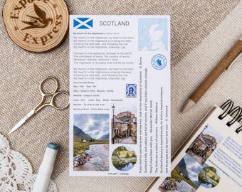 Scotland Stickers Kit for Travel Journals - Scottish Flag, Scotland Map, Scottish Phrases, Travel Quotes & Scotland Photo Stickers
