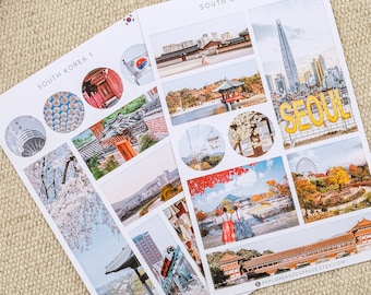 Aesthetic South Korea Scenery Travel Planner Stickers of 2 Korean Sticker Sheets For Travel Diary and Travel Journal Korea City Stickers