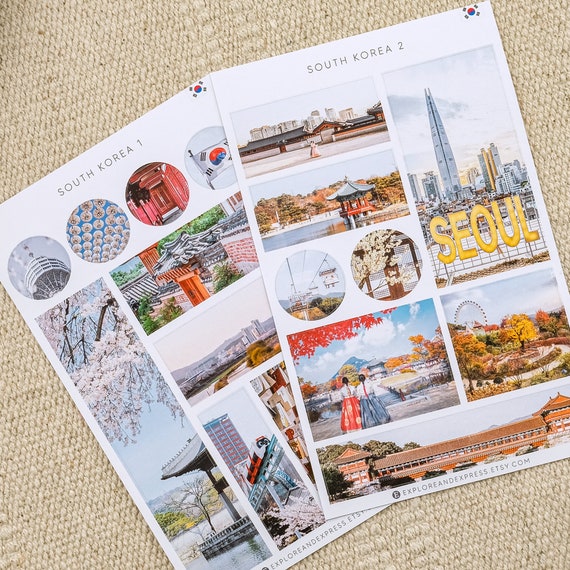 Aesthetic South Korea Scenery Travel Planner Stickers of 2 Korean Sticker Sheets For Travel Diary and Travel Journal Korea City Stickers