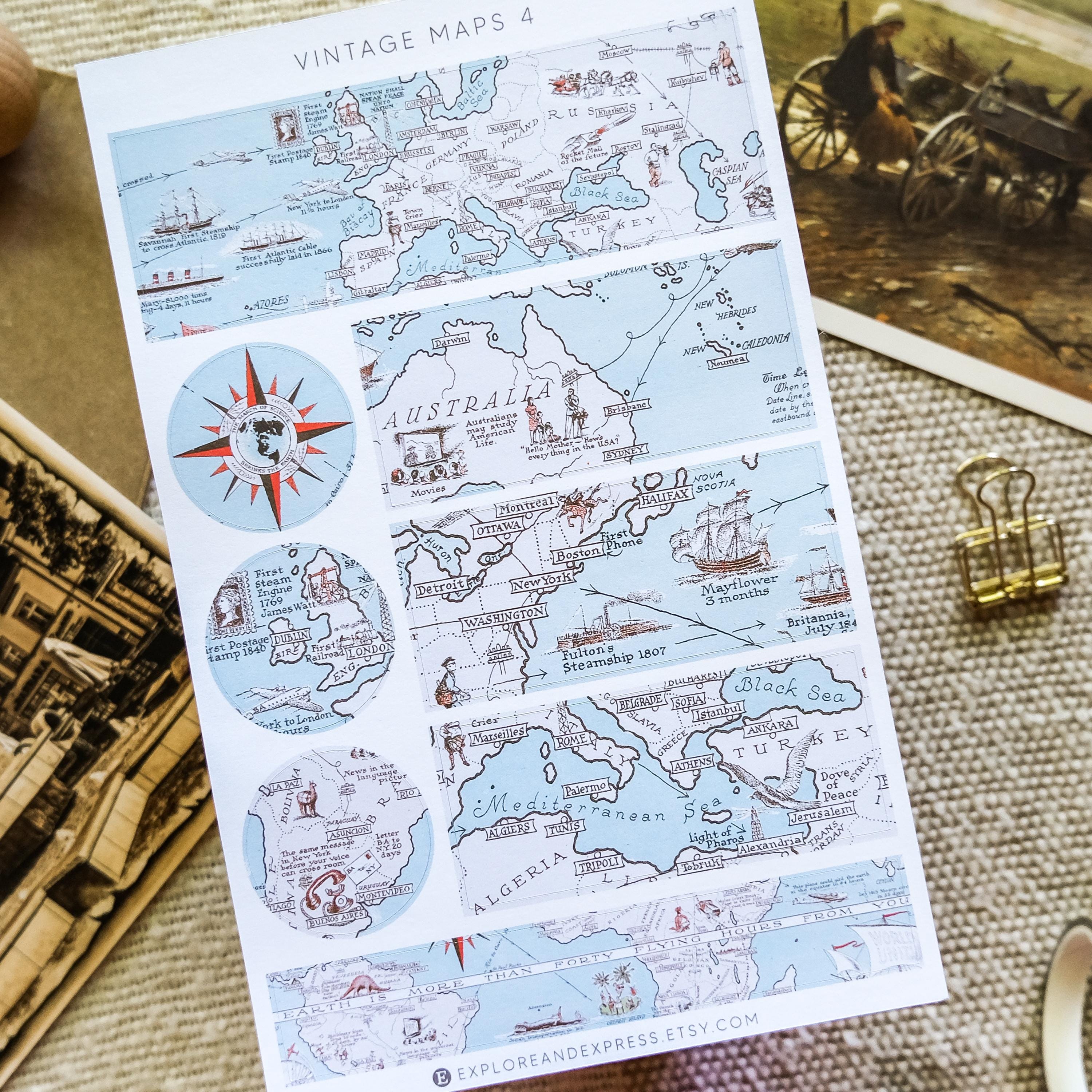Vintage Map Stickers – Old Map Sticker Sheet, Travel Journal, Scrapbook ...