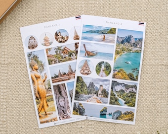 Fogli di adesivi per diario di viaggio in Thailandia, adesivi per le vacanze, adesivi estivi in Thailandia, regali per la Thailandia, adesivi per la voglia di viaggiare