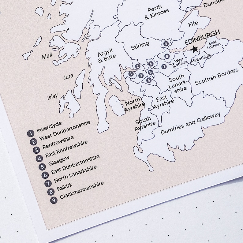 May include: A black and white map of Scotland with the names of the different regions labeled. The map is divided into 9 regions, each with a number and a name. The regions are Inverclyde, West Dunbartonshire, Renfrewshire, East Renfrewshire, Glasgow, East Dunbartonshire, North Lanarkshire, Falkirk, and Clackmannanshire.