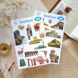 Scotland Travel Stickers for Journaling, Scottish Stickers, Scotland Landmarks, Highland Cow, Castles, Nessie, Bagpipes, and More!