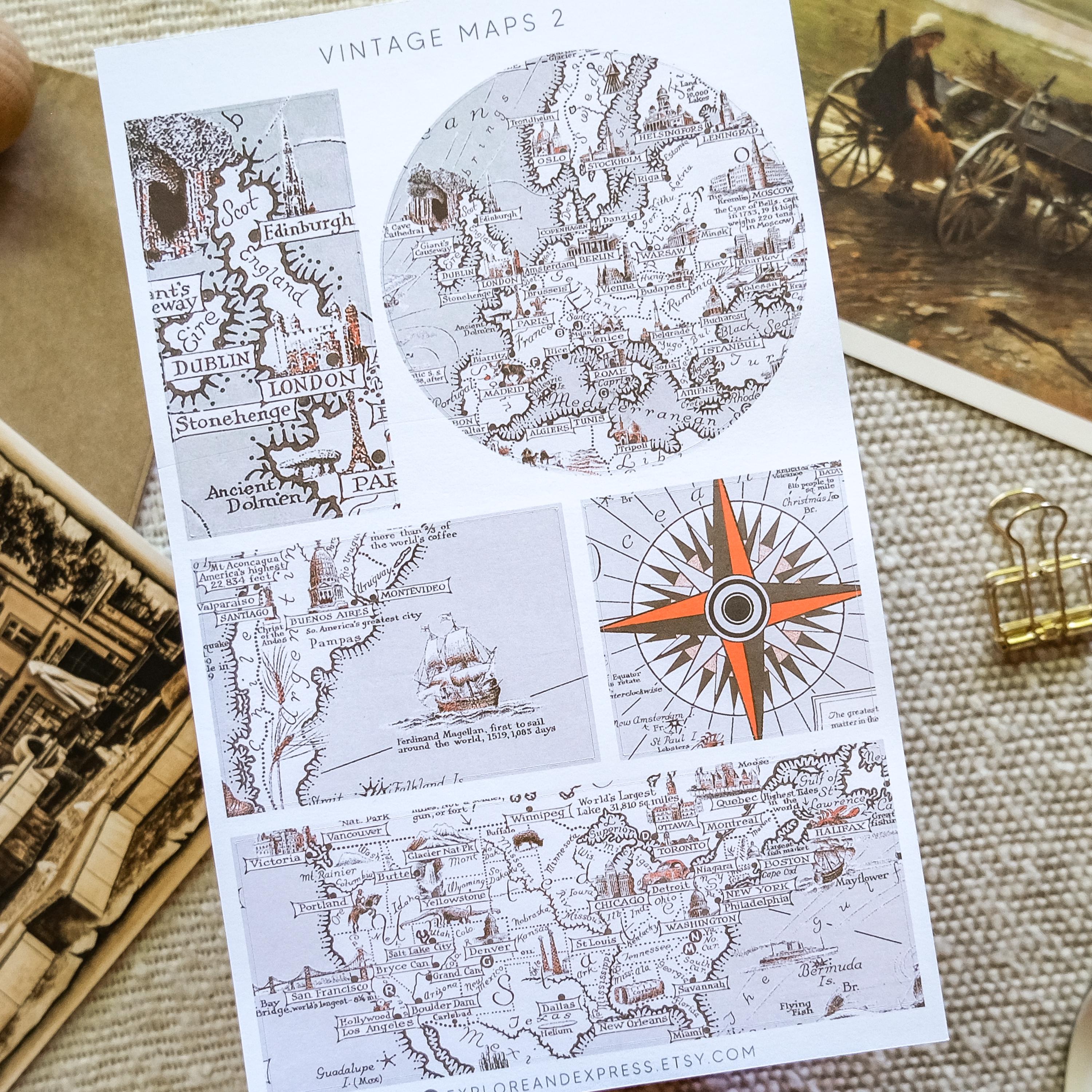 Vintage Map Stickers – Old Map Sticker Sheet, Travel Journal, Scrapbook ...