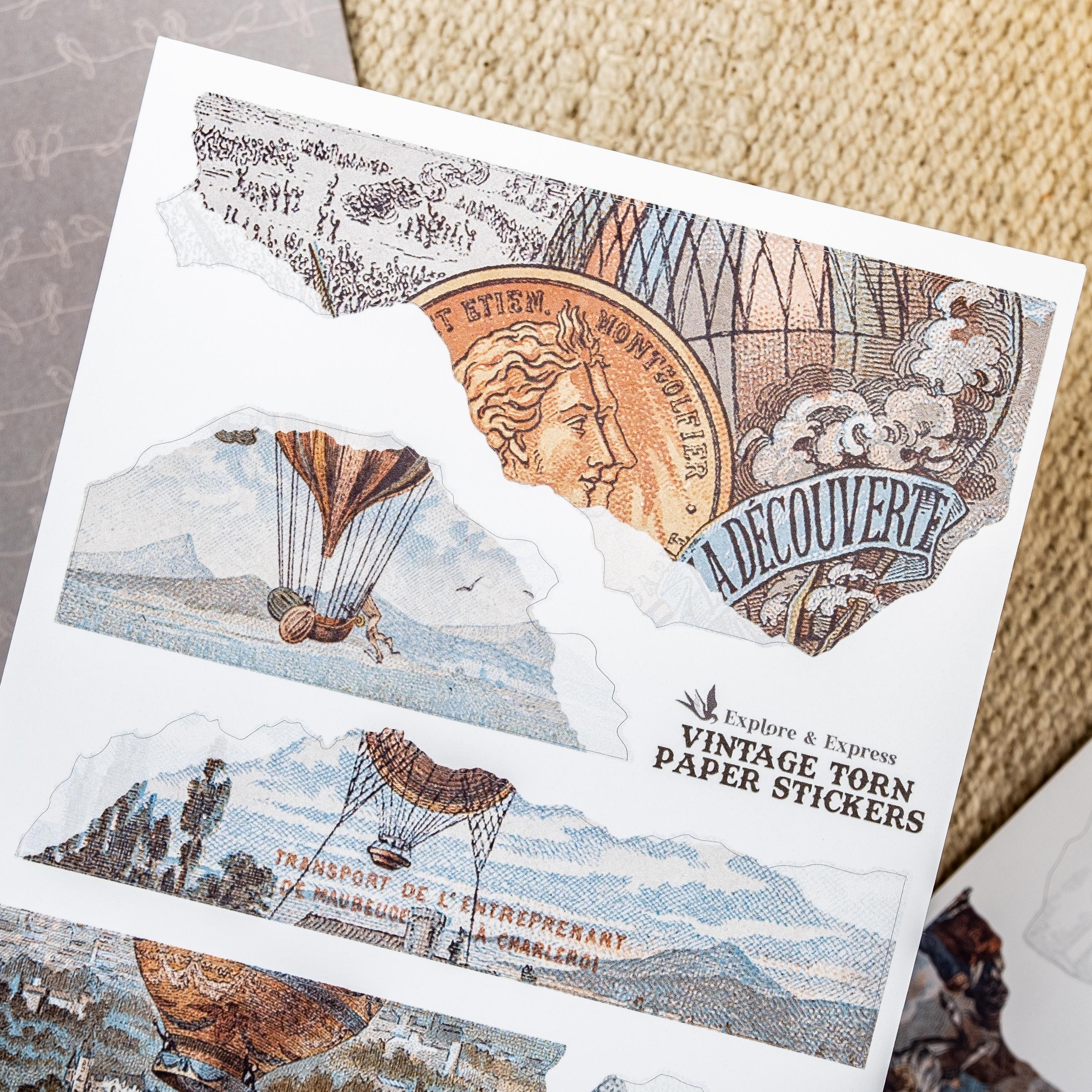 Vintage Torn Paper Stickers – Hot Air Balloon Backgrounds for Collage ...