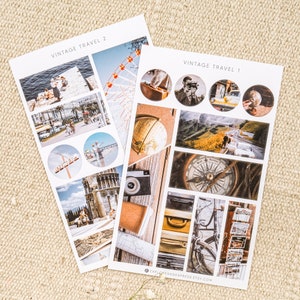 Planificador de viajes retro vintage de los años 70 y 80, con temática de vacaciones, diario basura, pegatinas Wanderlust para diario y álbum de recortes
