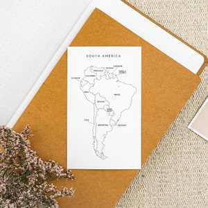 May include: A black and white line drawing of a map of South America with the names of each country labeled. The map is on a white background.