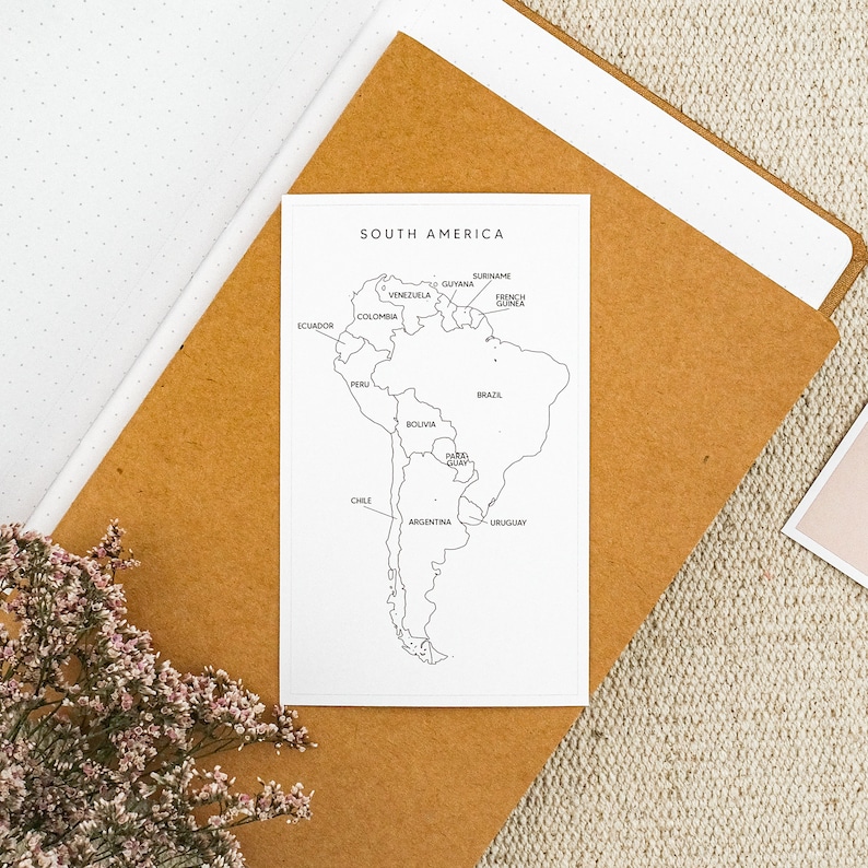 May include: A black and white line drawing of a map of South America with the names of each country labeled. The map is on a white background.