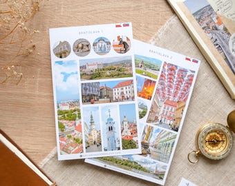 Pegatinas de Bratislava / Pegatinas de Eslovaquia / Pegatinas de viaje / Pegatinas de Bratislava, Eslovaquia para diarios y agendas / Pegatinas de lugares emblemáticos de la ciudad