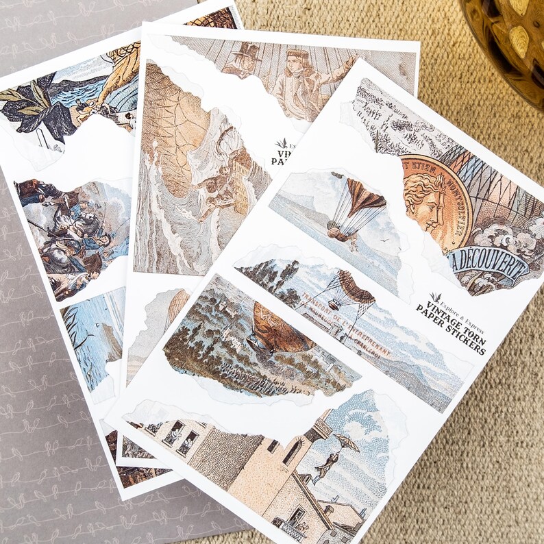 Vintage Torn Paper Stickers – Hot Air Balloon Backgrounds for Collage ...