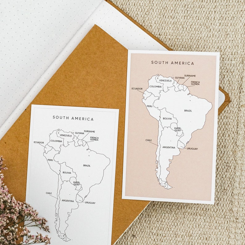 May include: Two black and white outline maps of South America. The maps are on white paper with the title "South America" at the top of each map. The maps show the countries of South America with their names labeled.