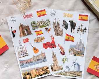 Spain Travel Stickers, Spain Sticker Sheet, Spanish Stickers, Barcelona Madrid Seville Stickers, Travel Journal Planner Stickers