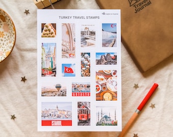 May include: A sheet of stickers featuring images of popular tourist destinations in Turkey. The stickers are arranged in a grid and include images of the Hagia Sophia, the Blue Mosque, the Galata Tower, the Cappadocia hot air balloons, and the Antalya coastline. The stickers are printed on white paper and have a glossy finish.