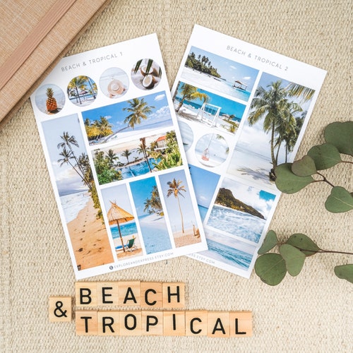 Strand & Tropisch - Reisejournal Aufkleber, Sommer Vibes Aufkleber Bogen, Abenteuer Aufkleber, Urlaub Aufkleber, Sonne und Strand Aufkleber für Bujo