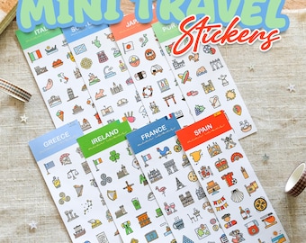 Mini Travel Destination Icon Stickers | Greece, Portugal, Japan, France, Italy, Ireland, Scotland & Spain Stickers | Travel Journal Stickers