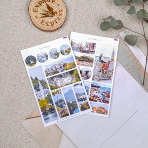 Pegatinas de Eslovenia, Pegatinas de viaje, Pegatinas de Liubliana, Pegatinas de lugares de interés, Pegatinas de diario de viaje, Lago Bled Eslovenia, Pegatinas de ciudad