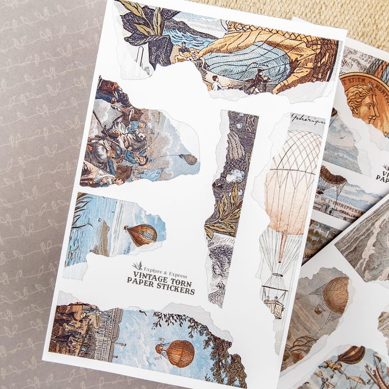 Vintage Torn Paper Stickers – Hot Air Balloon Backgrounds for Collage ...
