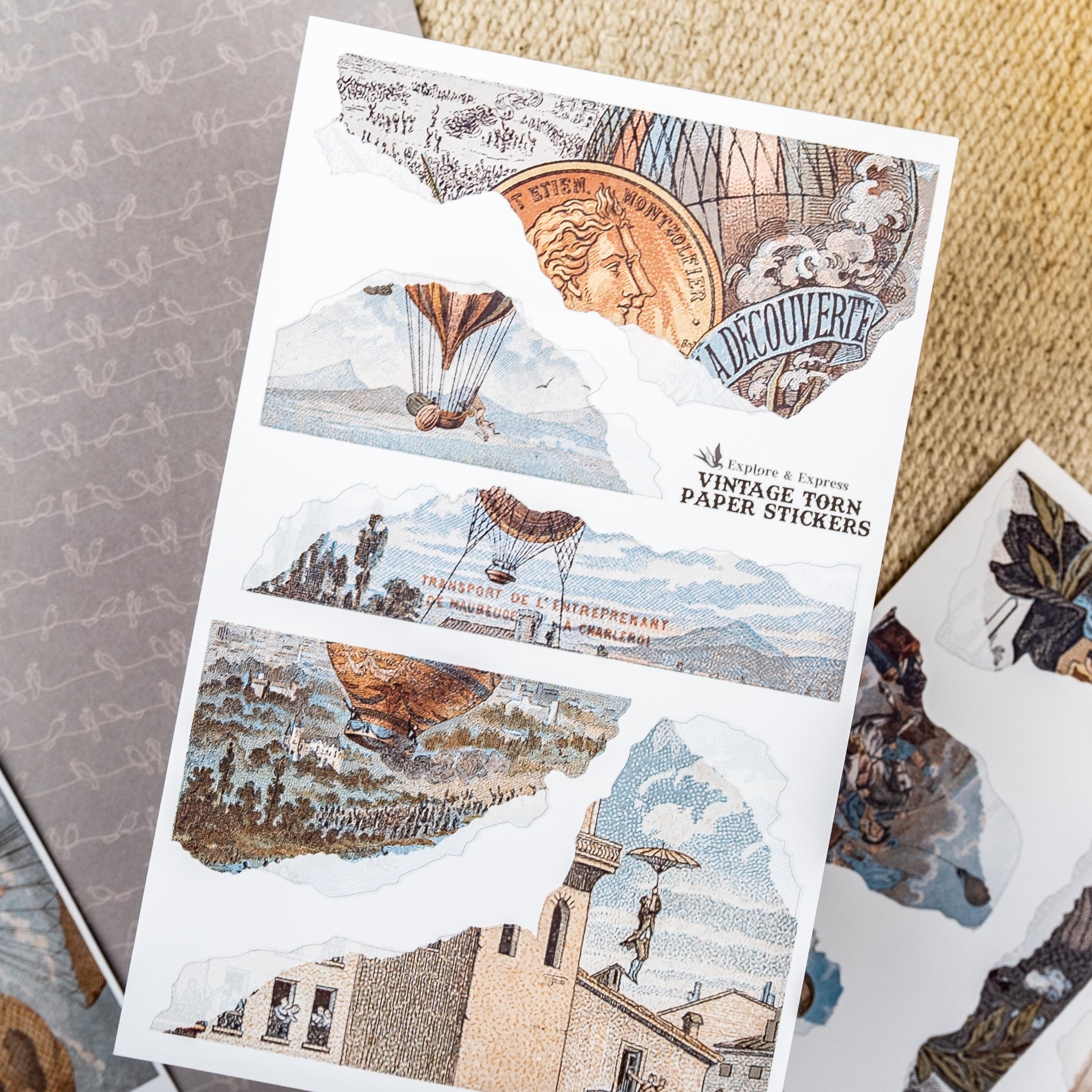 Vintage Torn Paper Stickers – Hot Air Balloon Backgrounds for Collage ...