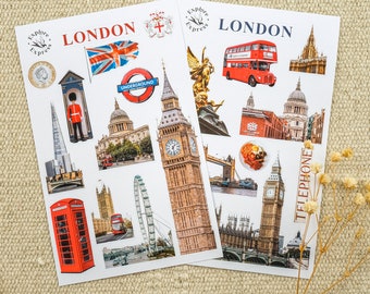 London Travel Journal Stickers for Scrapbooking, Britain Stickers, City Trip Stickers, Big Ben, London Tower Bridge, London Eye, UK Stickers