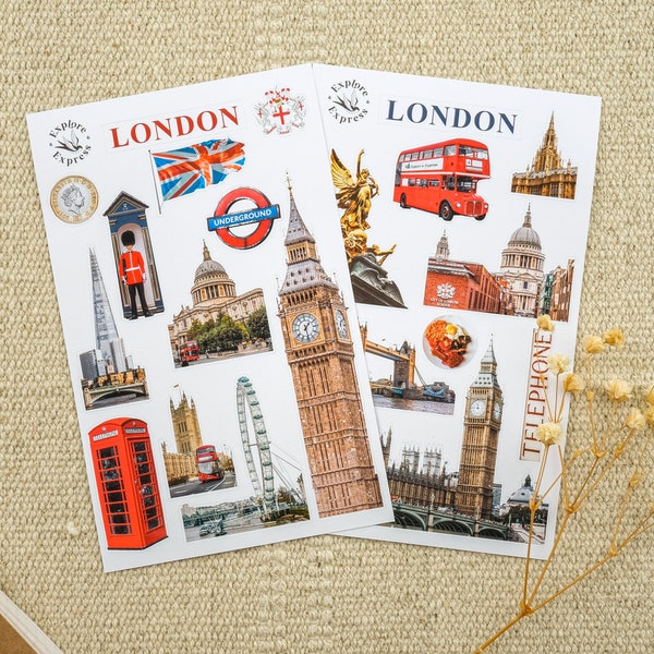 London Travel Journal Stickers for Scrapbooking, Britain Stickers, City Trip Stickers, Big Ben, London Tower Bridge, London Eye, UK Stickers