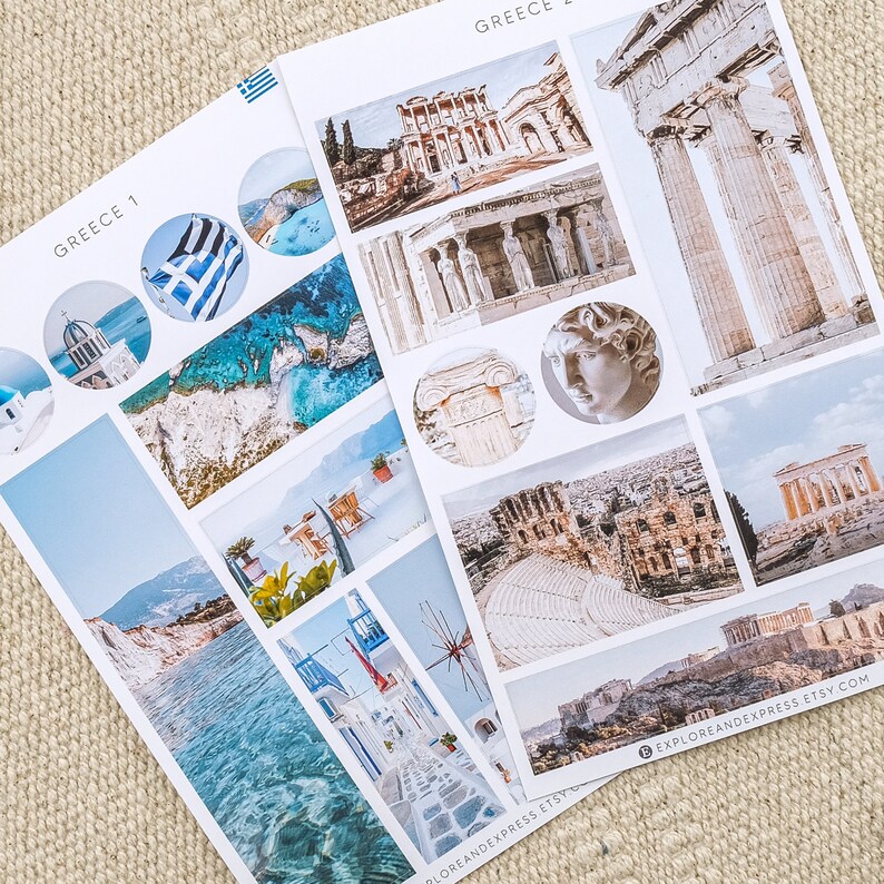 K&ouml;nnte beinhalten: Zwei Bl&auml;tter mit Aufklebern mit Bildern aus Griechenland. Die Aufkleber sind rund und zeigen Bilder der Akropolis, des Parthenon, der griechischen Flagge und anderer ber&uuml;hmter Sehensw&uuml;rdigkeiten. Die Aufkleber sind perfekt, um Ihrem Planer, Tagebuch oder Laptop einen Hauch von Griechenland zu verleihen.