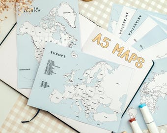 A5 Map Stickers, Continent Map Stickers - World Map, Europe, Asia, Africa, Oceania, Antarctica, North & South America Maps