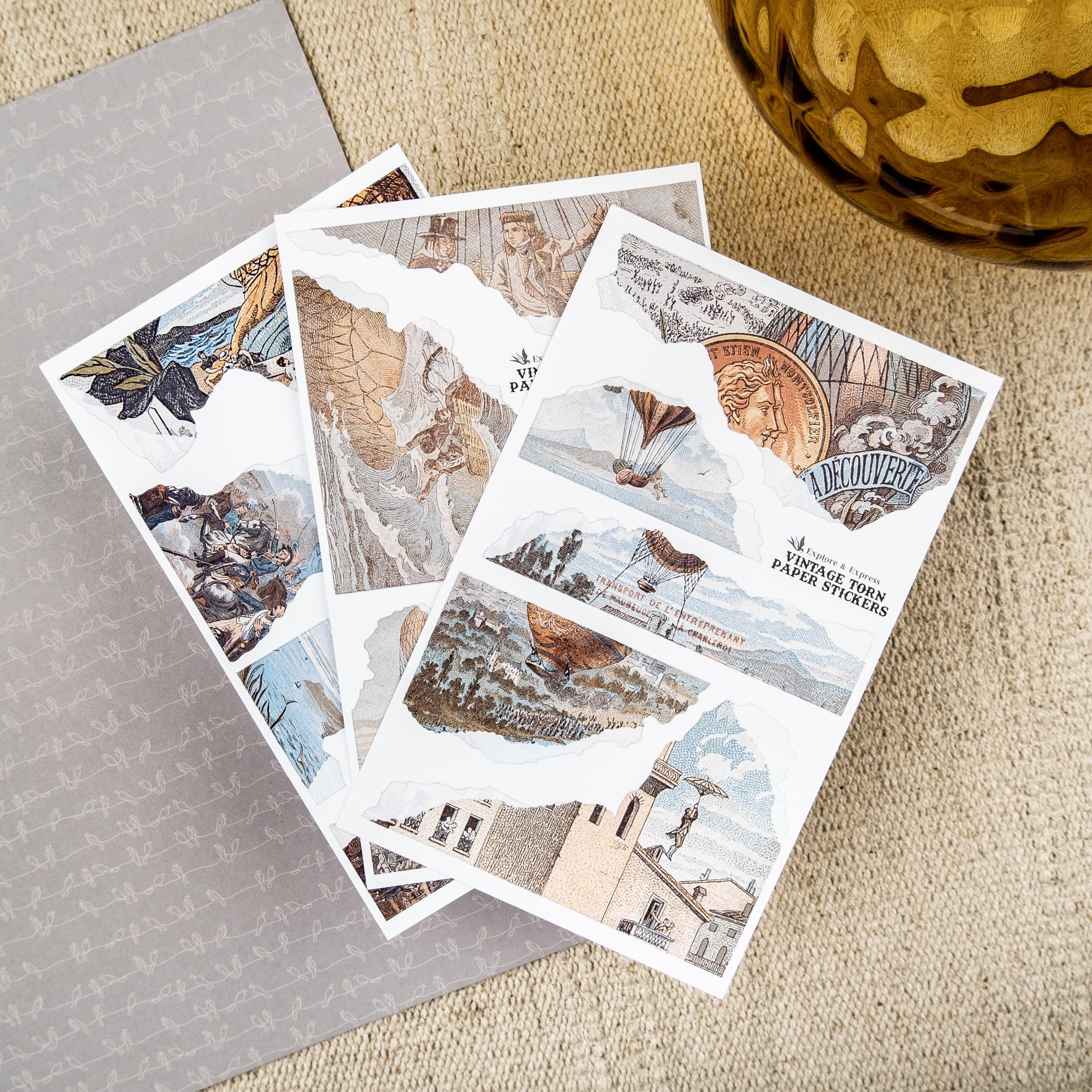Vintage Torn Paper Stickers – Hot Air Balloon Backgrounds for Collage ...
