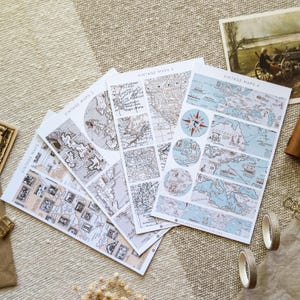Adesivos de mapa vintage – Folha de adesivos de mapa antigo, diário de viagem, itens efêmeros de álbum de recortes, fundos de mapa retrô, diário de lixo, adesivos de viagem pelo mundo