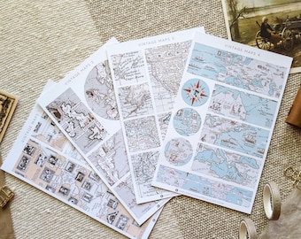 Vintage Map Stickers – Old Map Sticker Sheet, Travel Journal, Scrapbook Ephemera, Retro Map Backgrounds, Junk Journal, World Travel Stickers