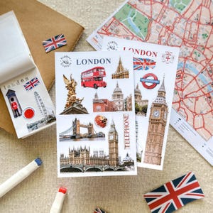 Adesivi per diario di viaggio di Londra per scrapbooking, adesivi per la Gran Bretagna, adesivi per gite in città, Big Ben, Tower Bridge di Londra, London Eye, adesivi per il Regno Unito