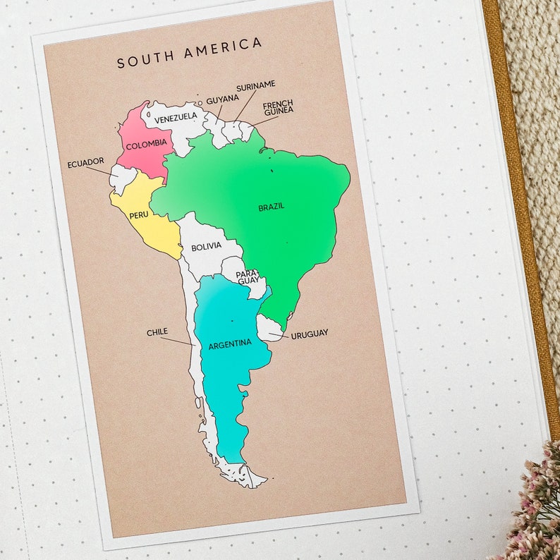 May include: A map of South America with the countries outlined and labeled in black. The countries are colored in different shades of green, blue, yellow, and pink.