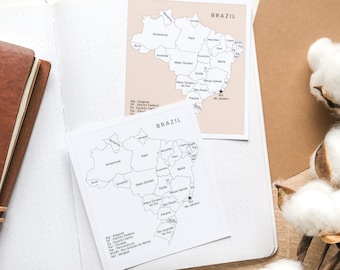 Brazil Map with States Sticker | Brazil Travel Tracker Map | Color Map Sticker | Black and White Brazil Map for Travel Journals and Planners