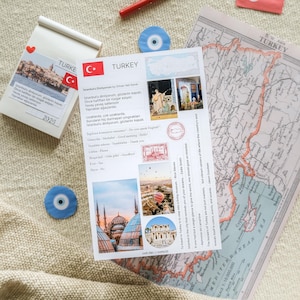 Stickerkit Turkije – kaart, vlag, Turkse zinnen en reiscitaten, fotostickers Turkije voor reisdagboeken, set reisstickers Turkije