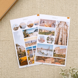 Spanje stickervellen, reisdagboekstickers, Spanje reisstickers voor logboeken en scrapbooking. Spaanse stickers, cadeau voor reisliefhebber.