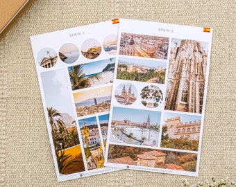Feuilles d'autocollants en Espagne, autocollants pour carnet de voyage, autocollants de voyage en Espagne pour le journal et le scrapbooking. Stickers espagnols, cadeau pour les amateurs de voyages.