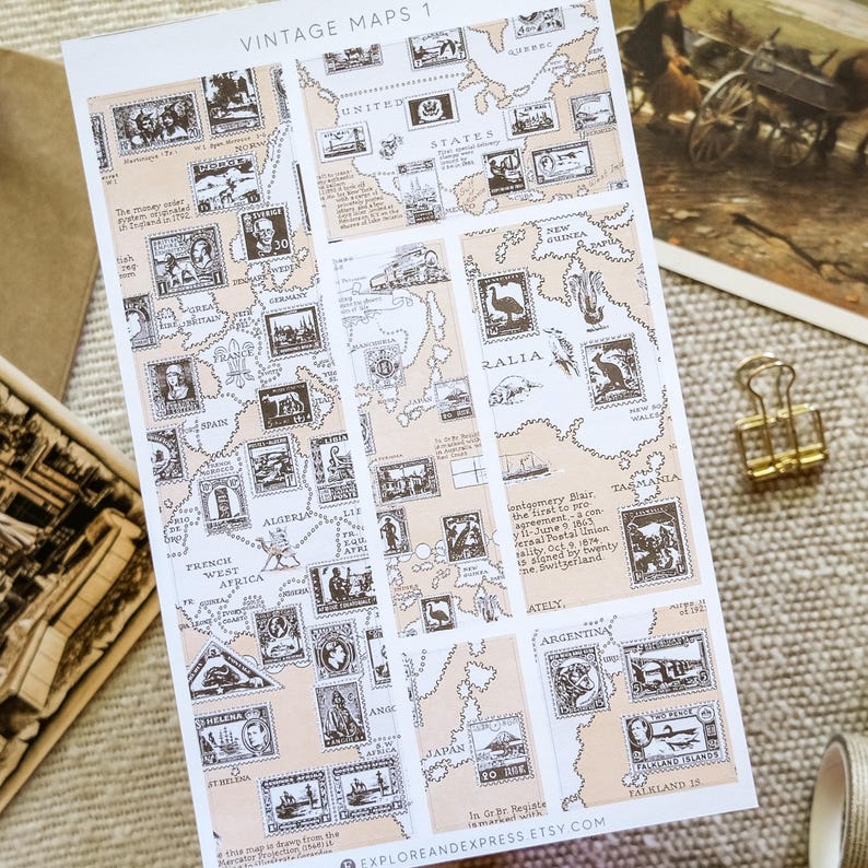 Vintage Map Stickers – Old Map Sticker Sheet, Travel Journal, Scrapbook ...