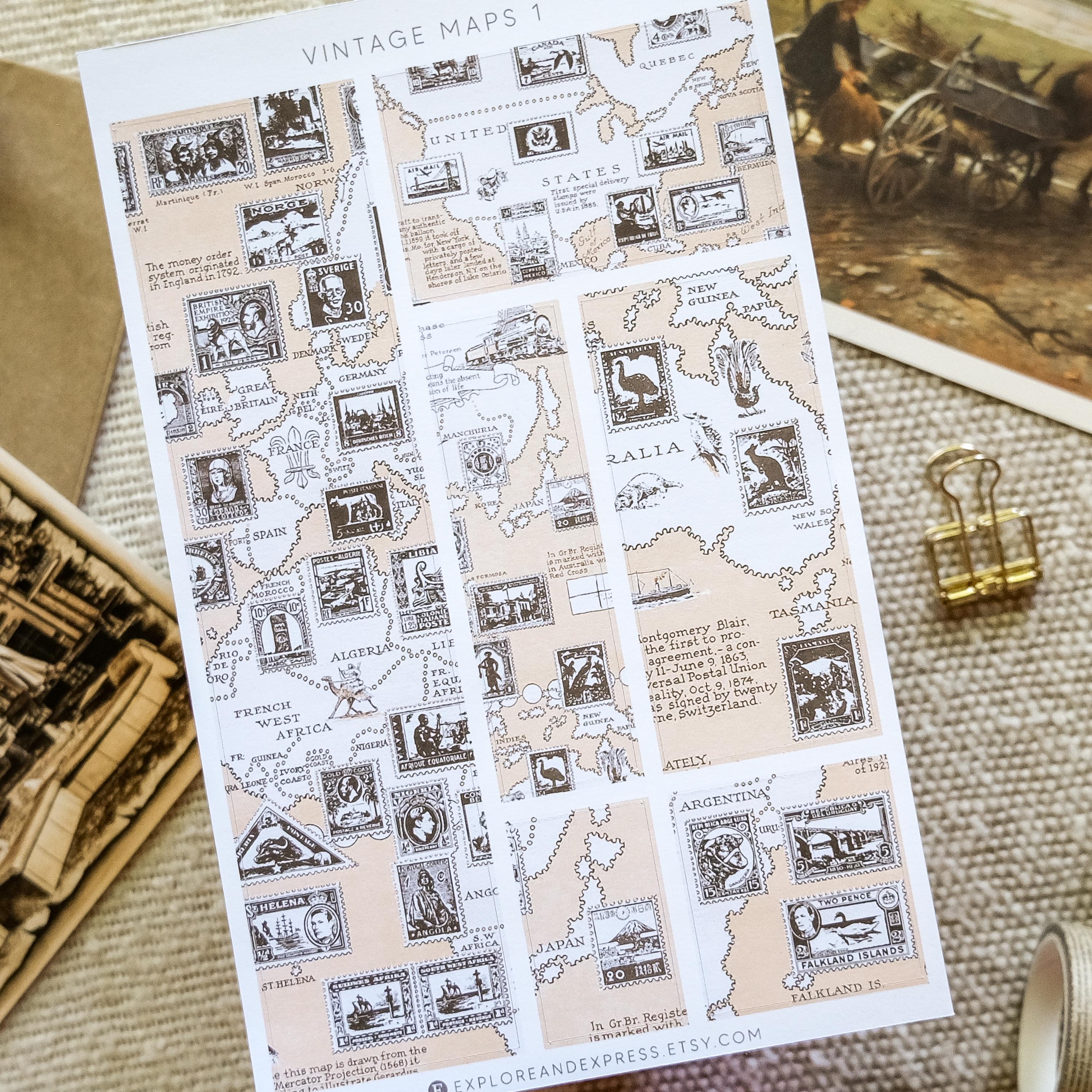 Vintage Map Stickers – Old Map Sticker Sheet, Travel Journal, Scrapbook ...