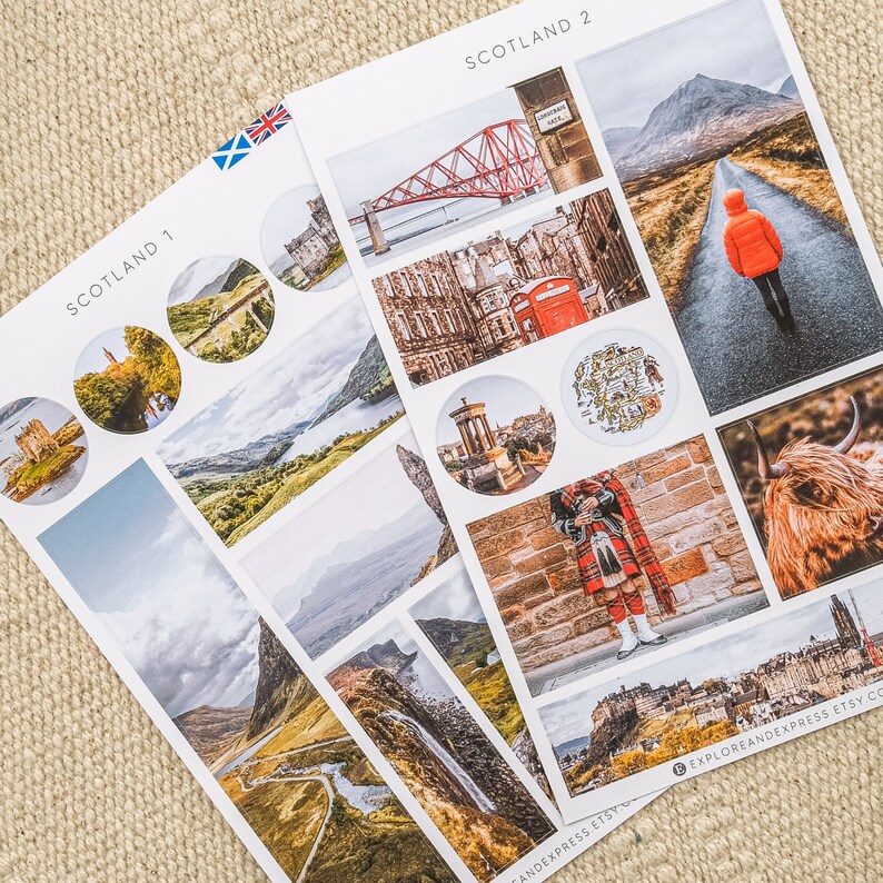 Scotland Sticker Sheets With Highland Cow, Scottish Kilt, Edinburgh