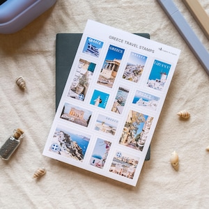 Adesivi francobolli Grecia, francobolli greci, adesivi francobolli postali, adesivi da viaggio, Atene Creta Santorini Mykonos, adesivi postali