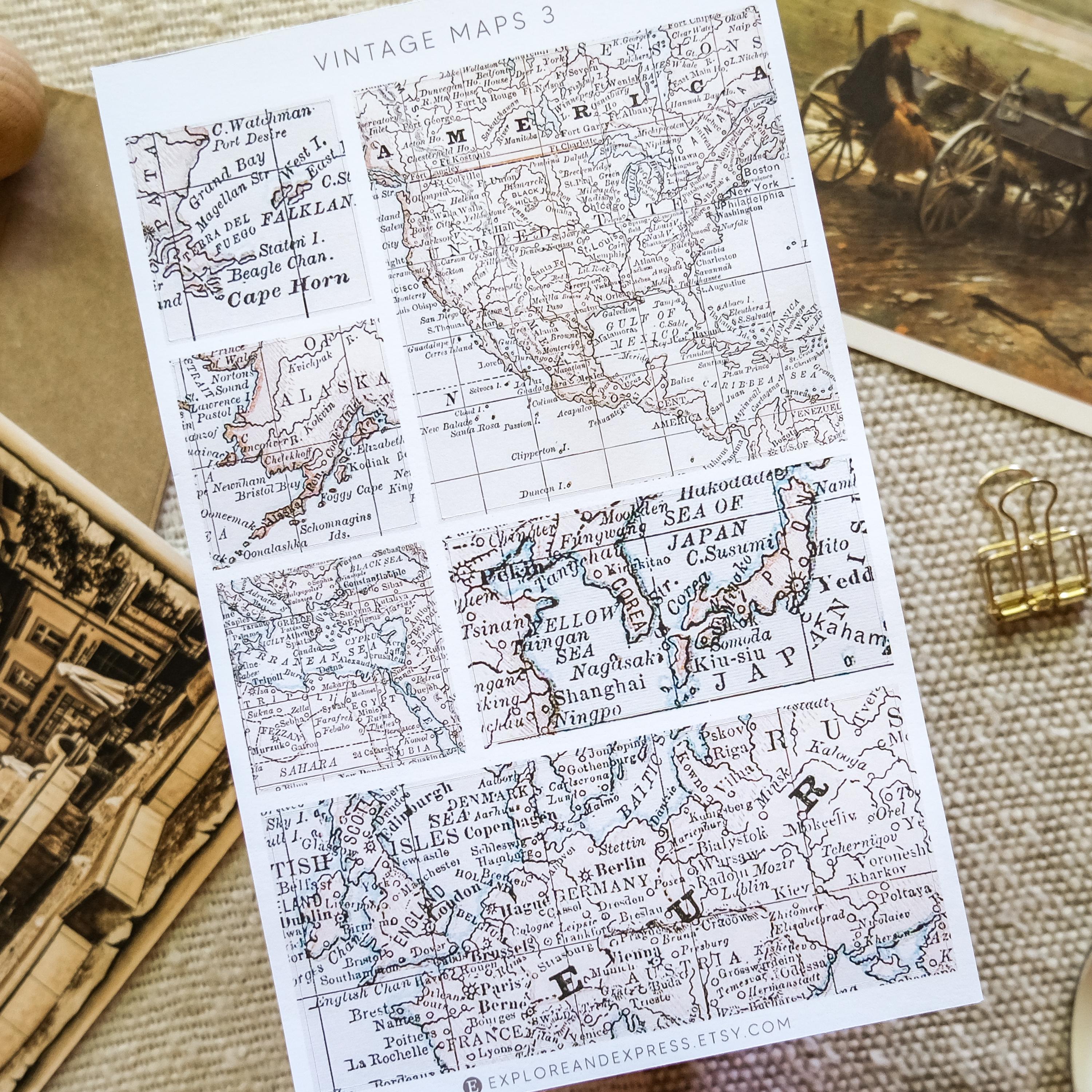 Vintage Map Stickers – Old Map Sticker Sheet, Travel Journal, Scrapbook ...