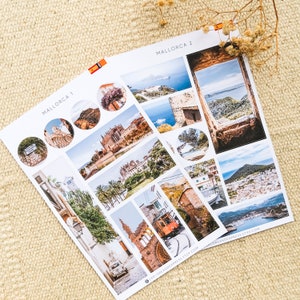 Feuilles d'autocollants de vacances de voyage de Majorque en Espagne pour un carnet de voyage et un album de scrapbooking pour les amateurs de voyages