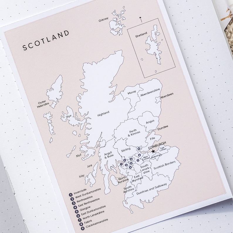 May include: A black and white map of Scotland with the names of the regions labeled. The map shows the location of Edinburgh, the capital city of Scotland.