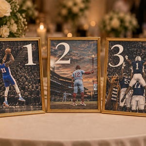 Può includere: Tre cornici rettangolari color oro appoggiate su un tavolo. Ogni cornice mostra una fotografia sportiva con un grande numero bianco: 1 con un giocatore di basket, 2 con un giocatore di baseball e 3 con giocatori di football americano.