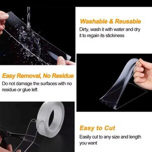 Puede incluir: Cinta adhesiva transparente reutilizable. La cinta se muestra lav&aacute;ndose con agua, cort&aacute;ndose con tijeras y aplic&aacute;ndose a una superficie. El texto de la imagen dice "Easy Removal, No Residue", "Washable & Reusable", "Easy to Cut".