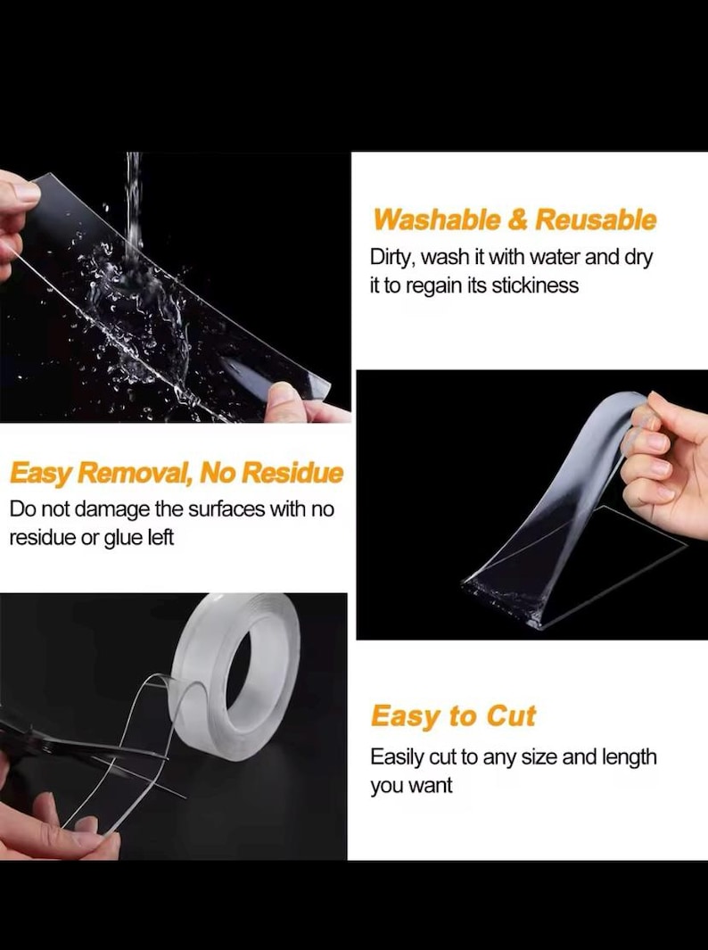 Puede incluir: Cinta adhesiva transparente reutilizable. La cinta se muestra lav&aacute;ndose con agua, cort&aacute;ndose con tijeras y aplic&aacute;ndose a una superficie. El texto de la imagen dice "Easy Removal, No Residue", "Washable & Reusable", "Easy to Cut".