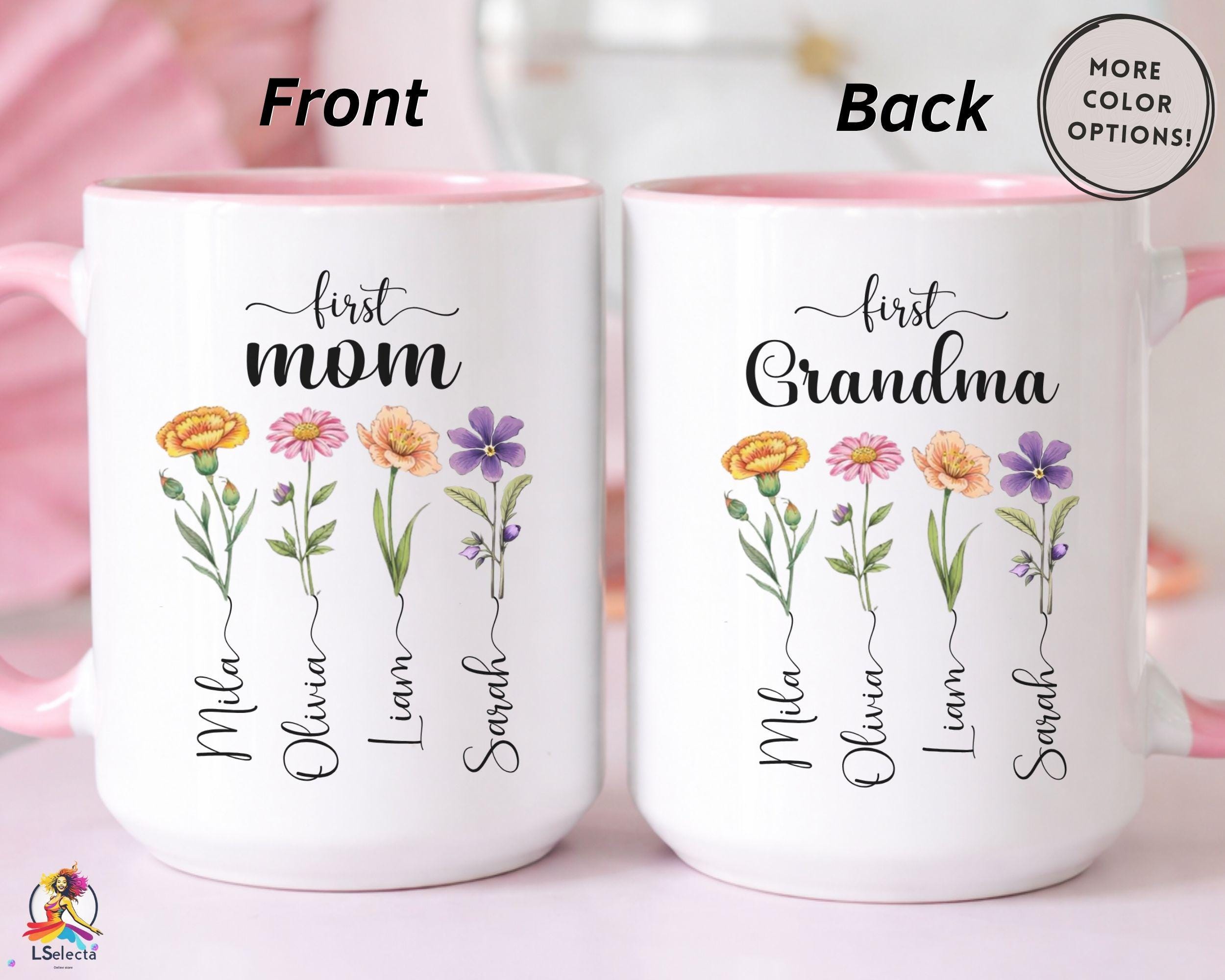 Personalized Grandma Mug Birth Flower Custom Names Gift First Mom Now ...