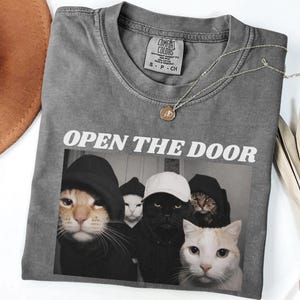 May include: A gray Comfort Colors t-shirt with the phrase "OPEN THE DOOR" above a photo of five cats wearing hats and hoodies. A gold necklace and a brown hat are also visible.