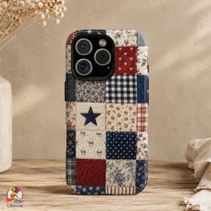 May include: A patchwork-style phone case with a variety of fabric patterns in red, white, and blue. The case features a dark blue star and bow accents. The phone case is designed to fit a smartphone with multiple camera lenses.