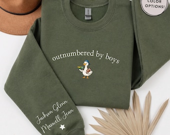 Outnumbered By Boys Sweatshirt, Personalized Kids Names Sleeve Crewneck, Funny Boy Mom Gift, Custom Mama Pullover Top