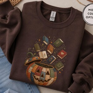 Patchwork Pumpkin Books Sweatshirt, Halloween Book Lover Sweater, Faux Patchwork Fall Reader Shirt, Cozy Autumn Bookworm Gift Tee
